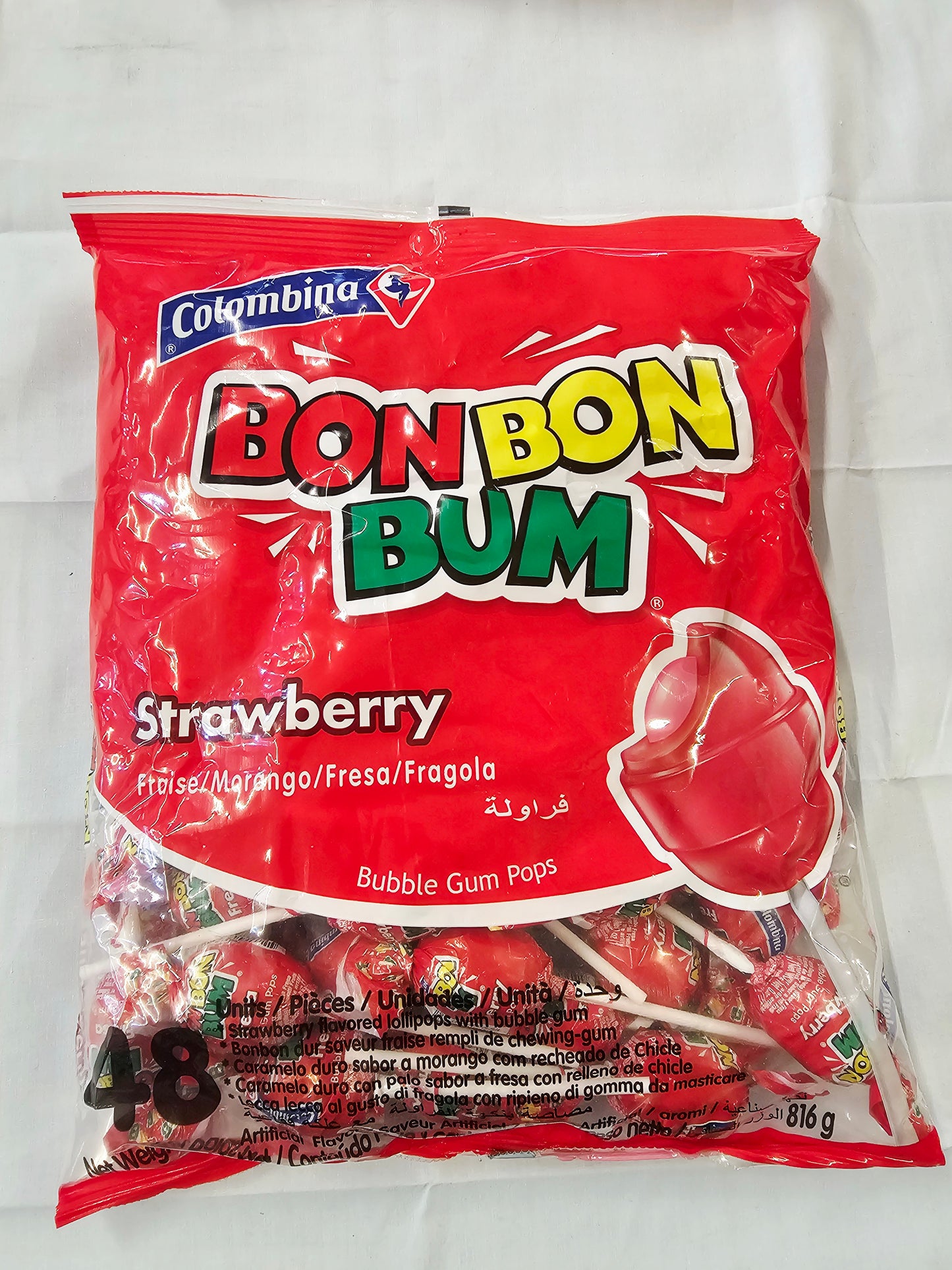 Colombina BonBonBum Strawberry Bubble Gum Lollipop 48pc