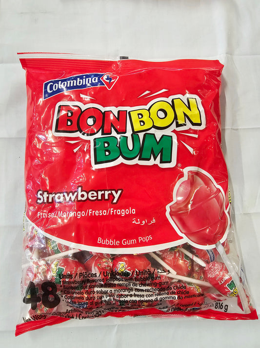 Colombina BonBonBum Strawberry Bubble Gum Lollipop 48pc