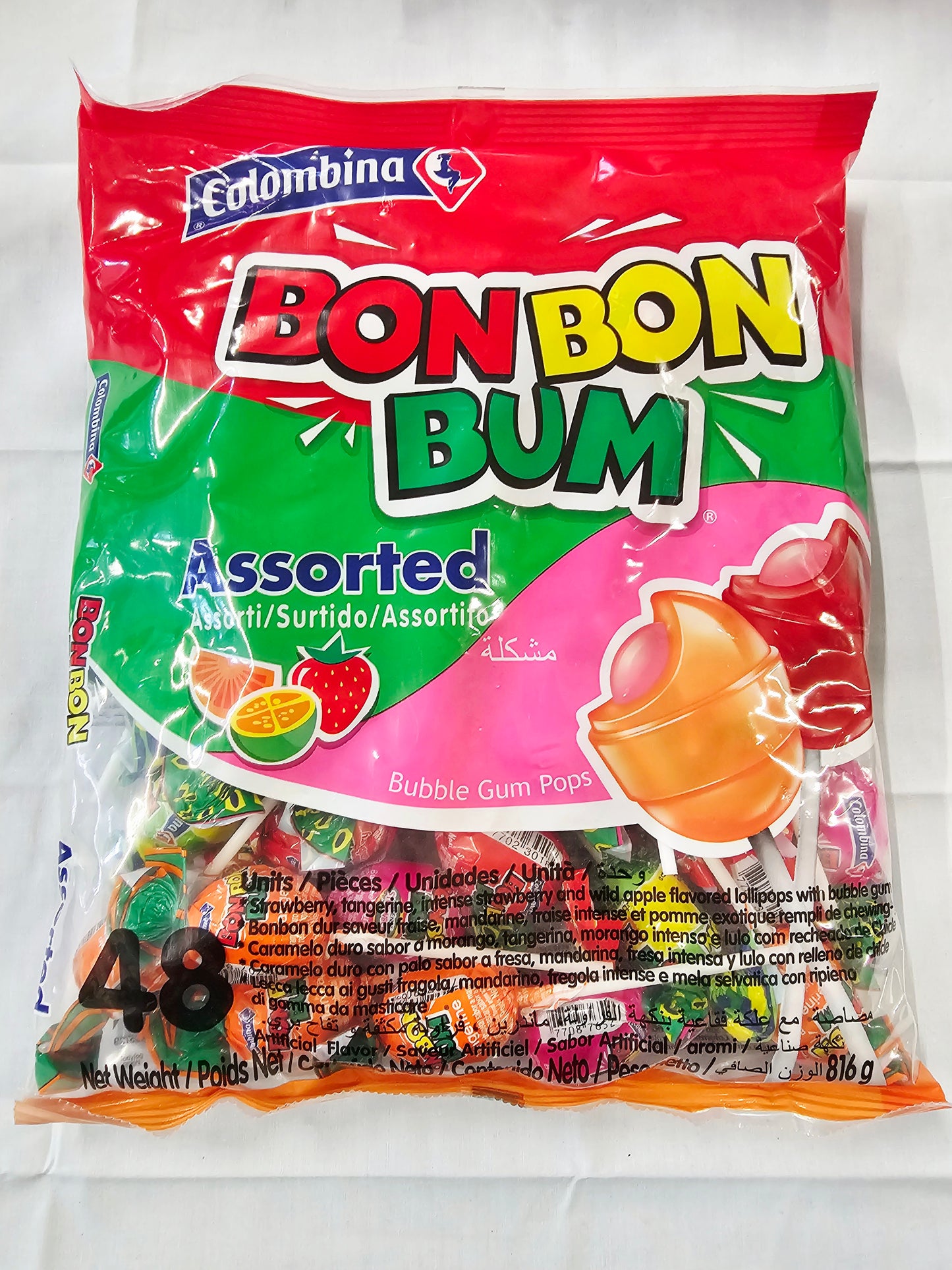 Colombina BonBonBum Assorted Bubble Gum Lollipop 48pc